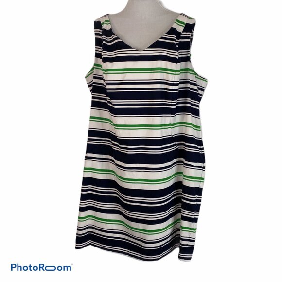 Dressbarn A Line Dress Womens 22 Striped V Neck Sleeveless White Black Green - Picture 1 of 7